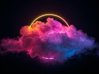 A glowing golden neon ring emerges from a vibrant pink, purple, and blue cloud against a dark background. Abstract art.