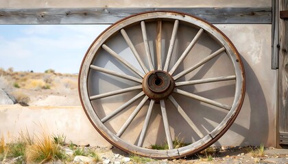Aged wooden wagon wheel rests against a light beige wall, showcasing rustic charm against a backdrop of arid landscape.