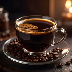 A close-up view of a rich, dark coffee in a clear glass cup, surrounded by coffee beans on a saucer, showcasing a deep brown hue and the frothy crema.
