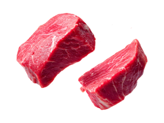 Three dynamic, levitating chunks of raw diced blade steak. Tender and lean, these are perfect for premium beef kebabs, skewers, or quick searing.