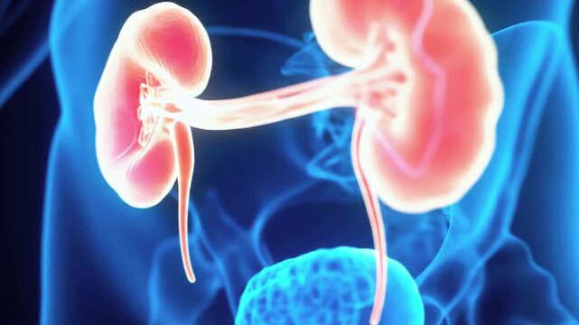 Detailed anatomical illustration of human kidneys with a focus on their structure and function, set against a blue background highlighting surrounding organs