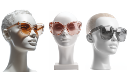 Stylish Sunglasses Displayed On Elegant Mannequins isolated on transparent background