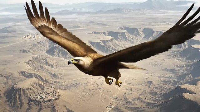 A Golden Eagle Soaring over a Vast Desert Mountainous Landscape	
