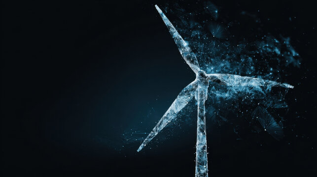 Digital wind turbine design, showcasing futuristic and abstract representation. image conveys innovation and sustainability, emphasizing renewable energy concepts