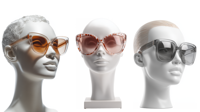 Stylish Sunglasses Displayed On Elegant Mannequins isolated on transparent background