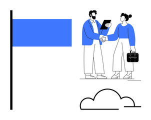 Two professionals shaking hands with a document and briefcase, blue flag, and cloud shape. Ideal for business partnership, agreement, teamwork, collaboration, success, motivation and leadership