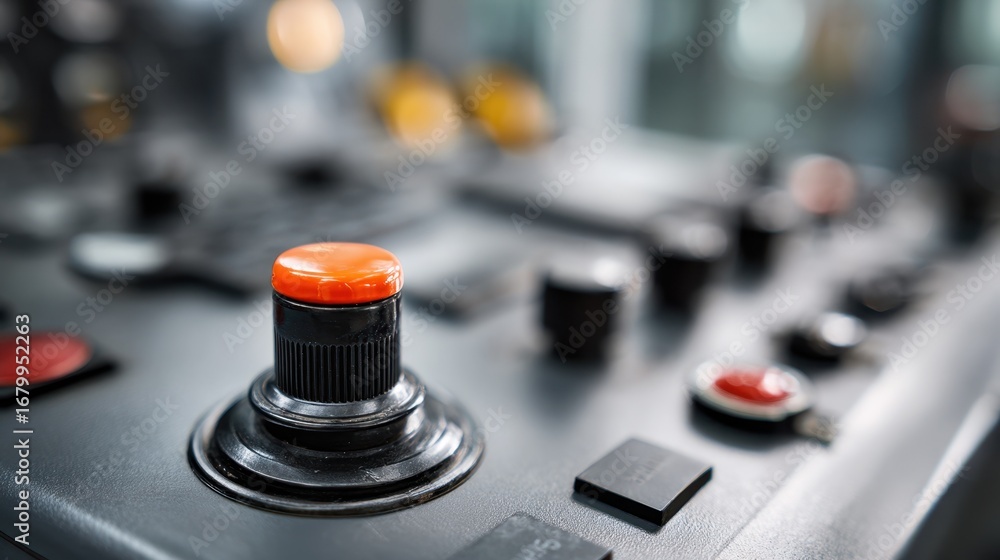 Aufkleber medium shot of a control panel with the emergency cutoff lever in sharp focus blurred mechanical sys