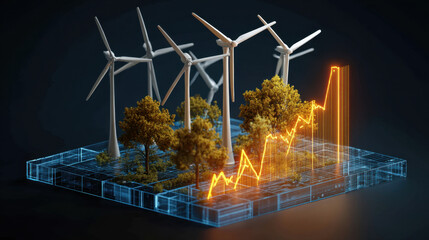 Sustainable energy concept featuring wind turbines and growth chart, symbolizing rise of renewable energy sources. scene combines technology and nature, highlighting eco friendly innovation