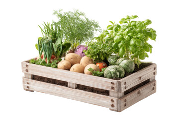 Wooden Crate of Fresh Garden Vegetables and Herbs