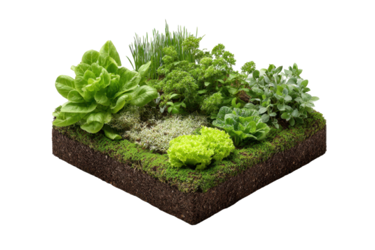Square Soil Block with Mixed Garden Herbs and Lettuce