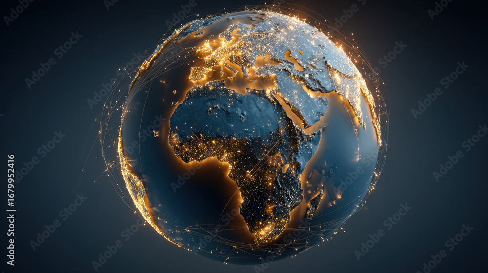 Poster glowing globe showcasing continents with illuminated cities and connections, representing global com