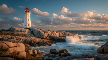 Peggy's Cove lighthouse on rocky coast with crashing waves under a cloudy sky.