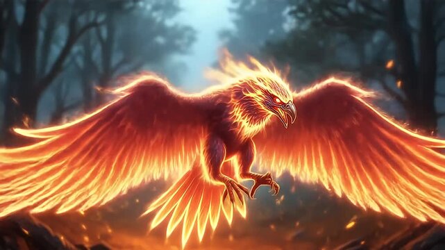 A Fiery Phoenix Bird Flying Low in a Forest with Sparks	
