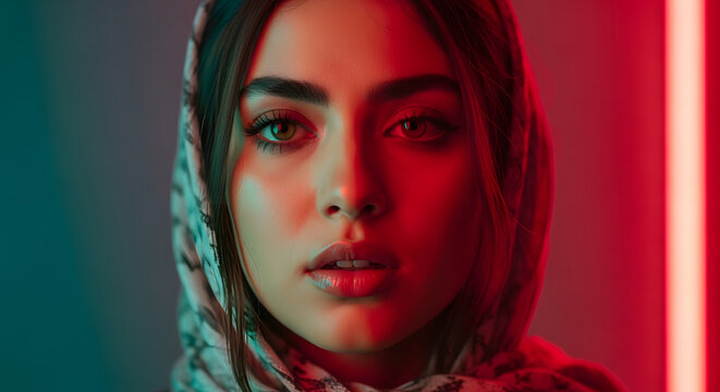 Close up portrait of a young woman wearing a hijab illuminated by contrasting red and teal neon lights