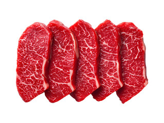 Fototapeta premium Five strips of premium raw boneless short rib (Karubi) with stunning, Wagyu-like marbling. Perfectly cut for Japanese Yakiniku and gourmet grilling.
