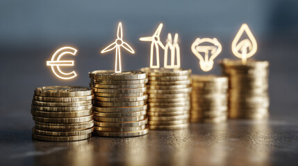 Investing sustainable energy is crucial for greener future. This showcases stacks of coins representing financial growth, with symbols of renewable energy sources like wind, water, and solar power