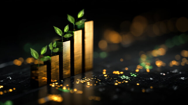 Financial growth represented by golden bars with green leaves, symbolizing sustainability and prosperity in investment. background features digital financial chart - Powered by Adobe