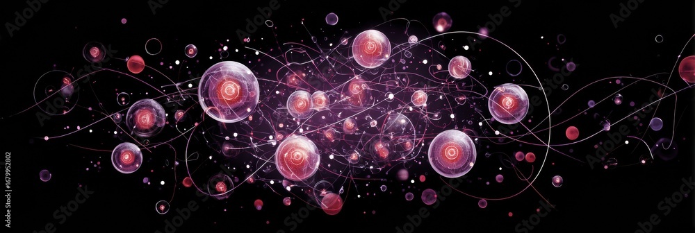 Poster colorful abstract representation of cellular structures and energetic particles in a dark background