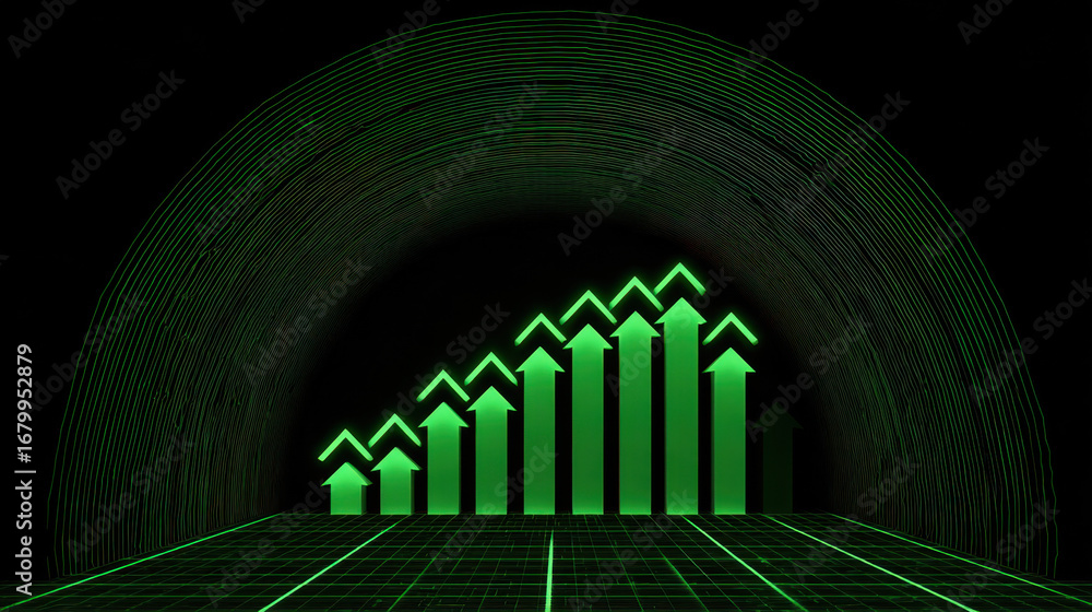 Aufkleber increasing trends in data visualization are represented by green arrows on dark background, symboliz