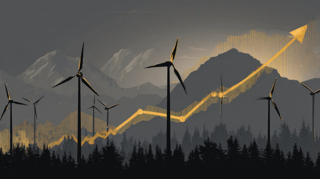 Wind turbines stand tall against backdrop of mountains, symbolizing renewable energy and growth. rising graph line represents progress and sustainability energy sector, evoking sense of hope