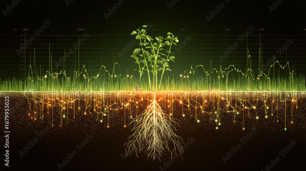Poster plant with roots is depicted against backdrop of data visualization, symbolizing connection between 