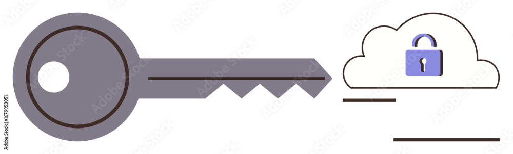 Poster large gray key facing locked cloud with a padlock. represents data security, access control, cloud s