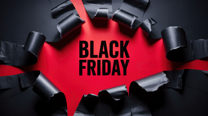 Bold black friday text on a vibrant red background surrounded by torn black paper, perfect for a sale advertisement and promotion