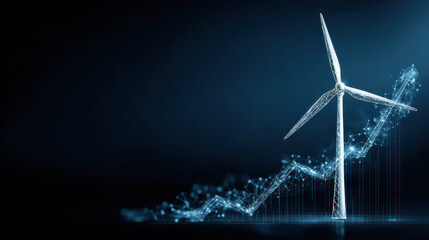 Digital representation of wind turbine symbolizes renewable energy and growth, showcasing rising graph made of interconnected lines and dots, reflecting technological advancement