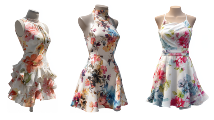 Three Elegant Floral Dresses With Varied Styles and Vibrant Colors isolated on transparent background