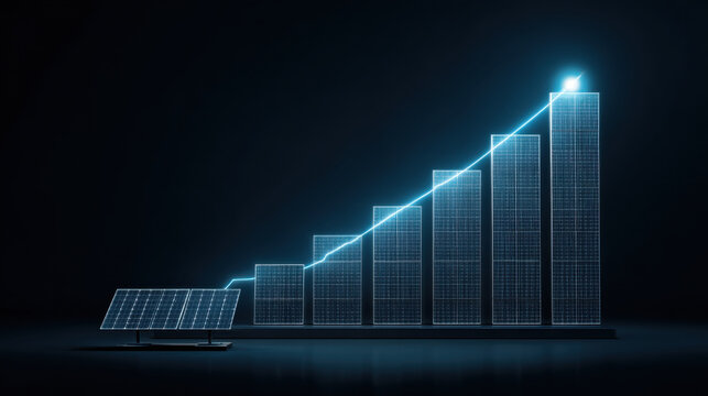 Futuristic representation of solar panel next to glowing bar graph, illustrating growth and progress in renewable energy. visual emphasizes innovation and sustainability in technology
