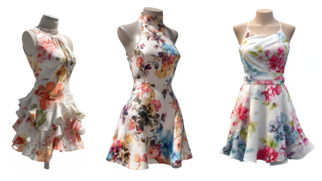 Three Elegant Floral Dresses With Varied Styles and Vibrant Colors isolated on transparent background