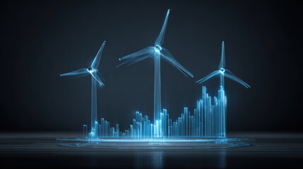 Digital wind turbines with glowing blue outlines represent renewable energy and sustainability. background features dark setting, enhancing futuristic and technological feel of image