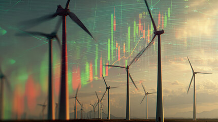 Wind turbines generate renewable energy, symbolizing sustainability and innovation. overlay of financial data represents growing investment in green technology and future of energy markets
