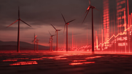 Wind turbine renewable energy data visualization financial growth technology landscape red color environmental impact sustainability graph wind farm electricity innovation nature power generation