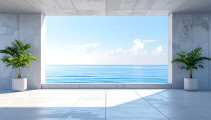Modern concrete patio overlooking a tranquil ocean