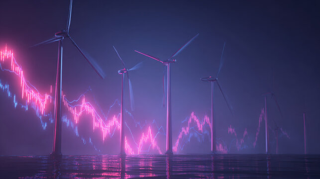 Futuristic wind turbines illuminated by neon lights, set against backdrop of vibrant, fluctuating graphs representing energy trends. scene conveys sense of innovation and sustainability - Powered by Adobe
