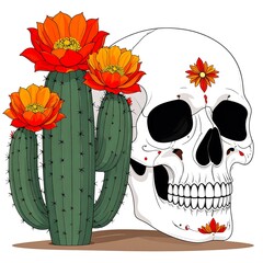 Day of the Dead Skull with Blooming Saguaro Cactus Flowers.