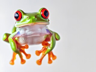 Obraz premium Macro Portrait of a Vibrant Red-Eyed Frog: Close-Up on Nature’s Exotic Green Amphibian