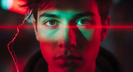 Close up portrait of a young man with dramatic red and green neon lighting casting shadows across his face
