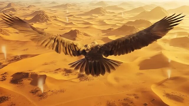 An Eagle Flying High Above a Vast Desert Mountainous Landscape	