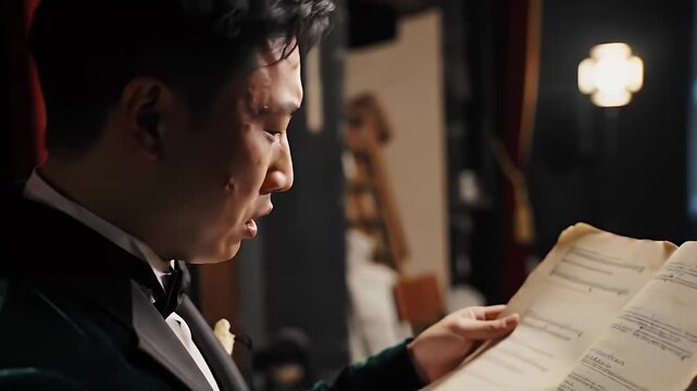Close Up of Young Man in Green Velvet Suit Reading Sheet Music under Warm Light with Red Curtains