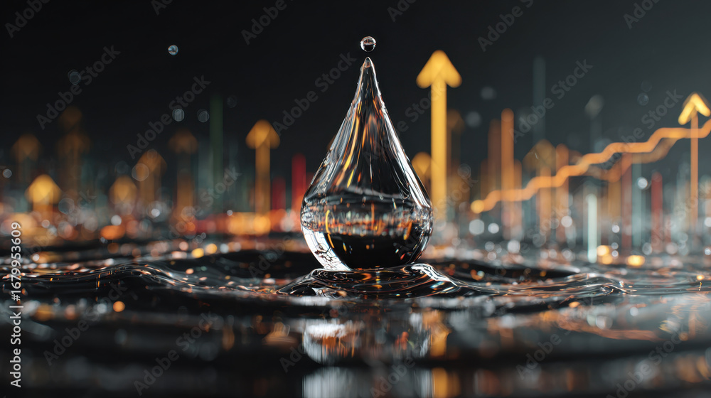 Poster close up view of water droplet creating ripples in dark environment, symbolizing growth and progress