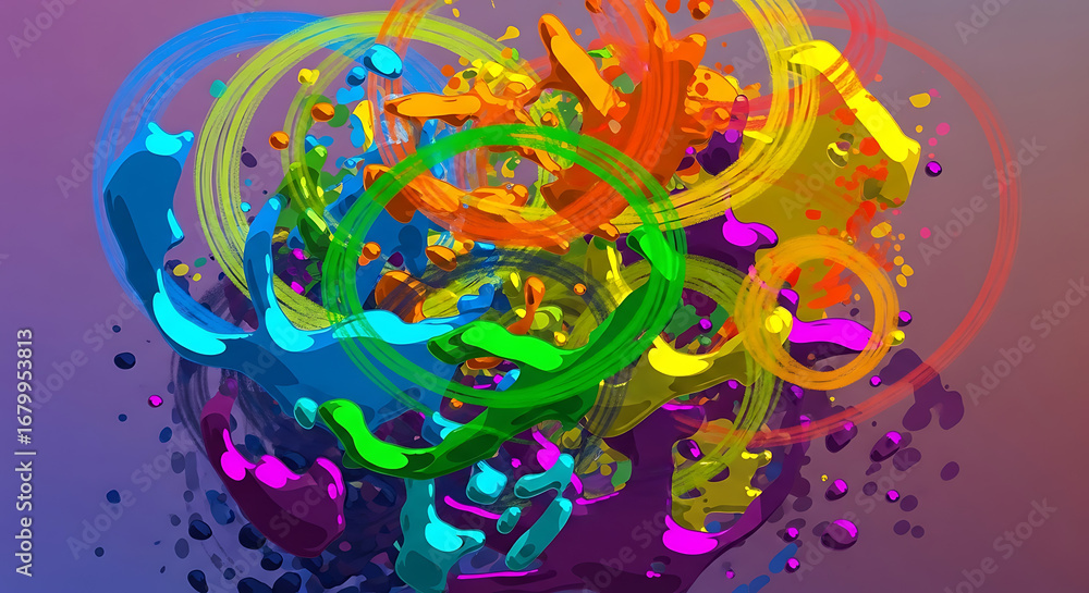 Poster abstract digital artwork featuring swirling, colorful shapes and vibrant splashes, creating dynamic 