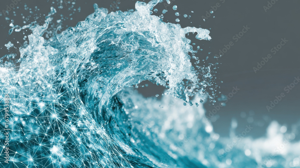 Poster dynamic wave crashes with vibrant blue water, showcasing intricate splashes and droplets. scene capt