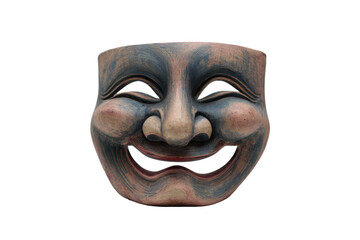 Carved Smiling Wooden Mask on Transparent Background