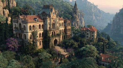 Vast mansion complex with ornamental features, resting above cliffs and lush floral landscapes