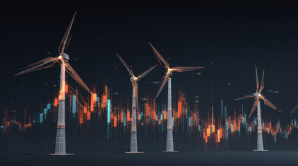 Innovative wind turbines stand tall against dark background, symbolizing renewable energy and technological advancement. vibrant data visualization in backdrop represents growth and sustainability