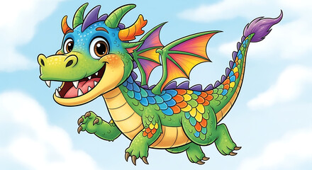 Naklejka premium A cheerful and vibrant cartoon dragon with colorful scales and wings smiles while flying against a bright blue sky.