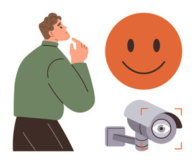 Man pondering, large happy face, surveillance camera capturing gaze. Ideal for privacy, surveillance, technology, emotions, monitoring human behavior and ethics themes. Simple flat metaphor