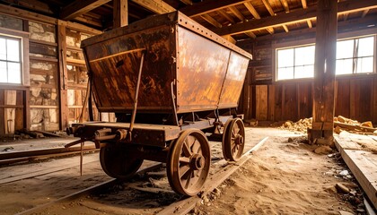 Rusty mining cart in an abandoned building